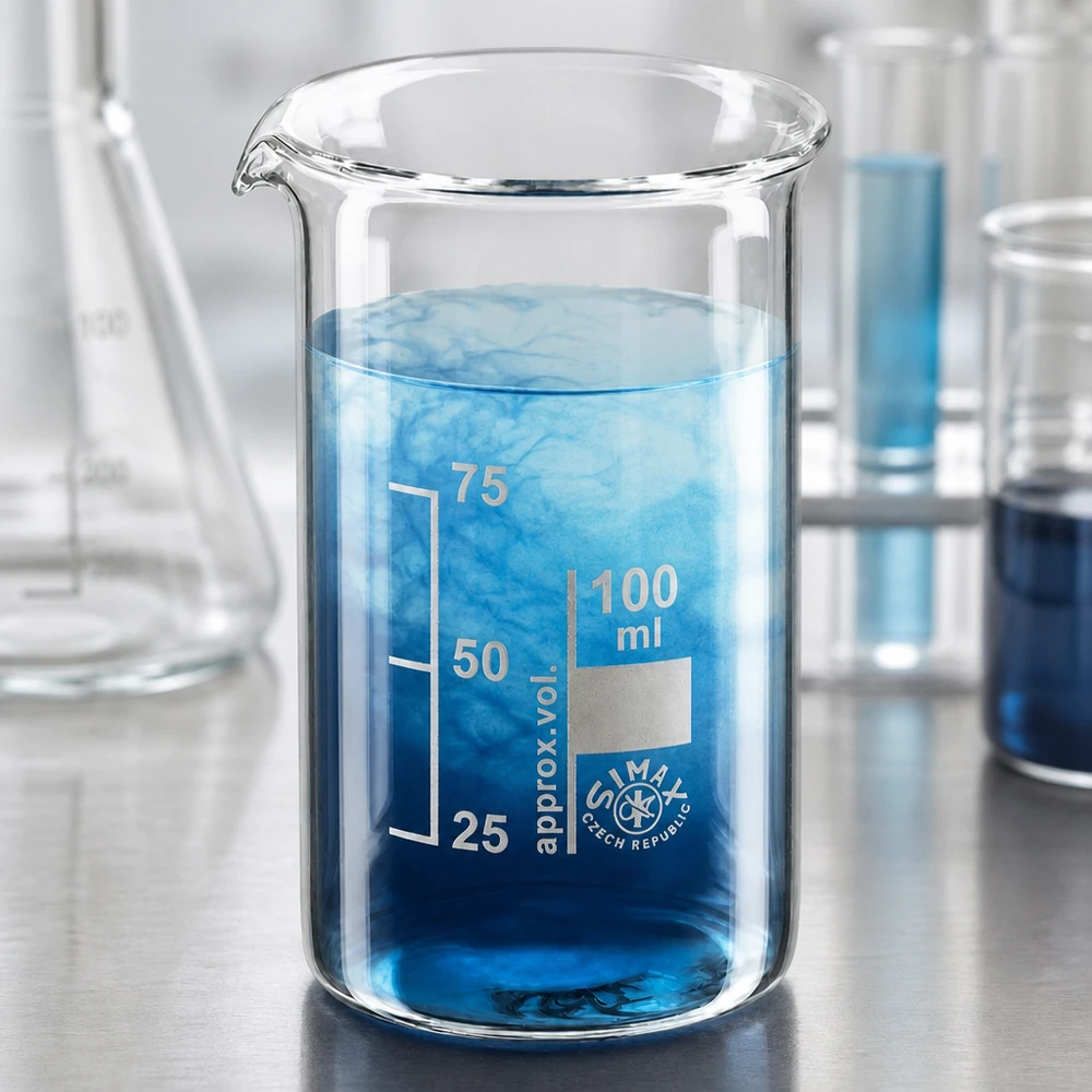 Bekerglas 100 ml van hittebestendig borosilicaatglas (hoog model) Chemielaboratorium: glazen buisje van 100 ml met schaalverdeling en een blauwe substantie naast een Erlenmeyer-kolf