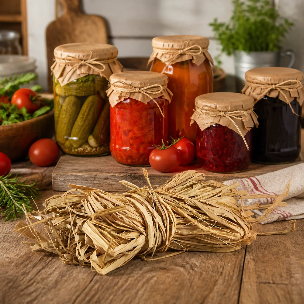 Natuurlijke raffia 30g als verzegeling voor inmaakpotten gebruikt in de rustieke keuken met ingemaakt voedsel