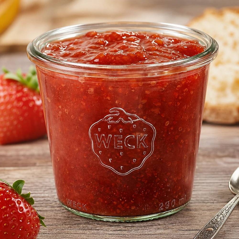WECK RR80 bekers 290ml hoog gevuld met aardbeienjam naast verse aardbeien op een houten tafel