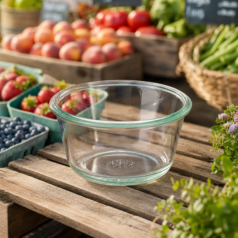 290ml gourmetglas WECK RR100 WECK RR100 290ml gourmetpot leeg op houten tafel met vers fruit en groenten op de achtergrond om te conserveren