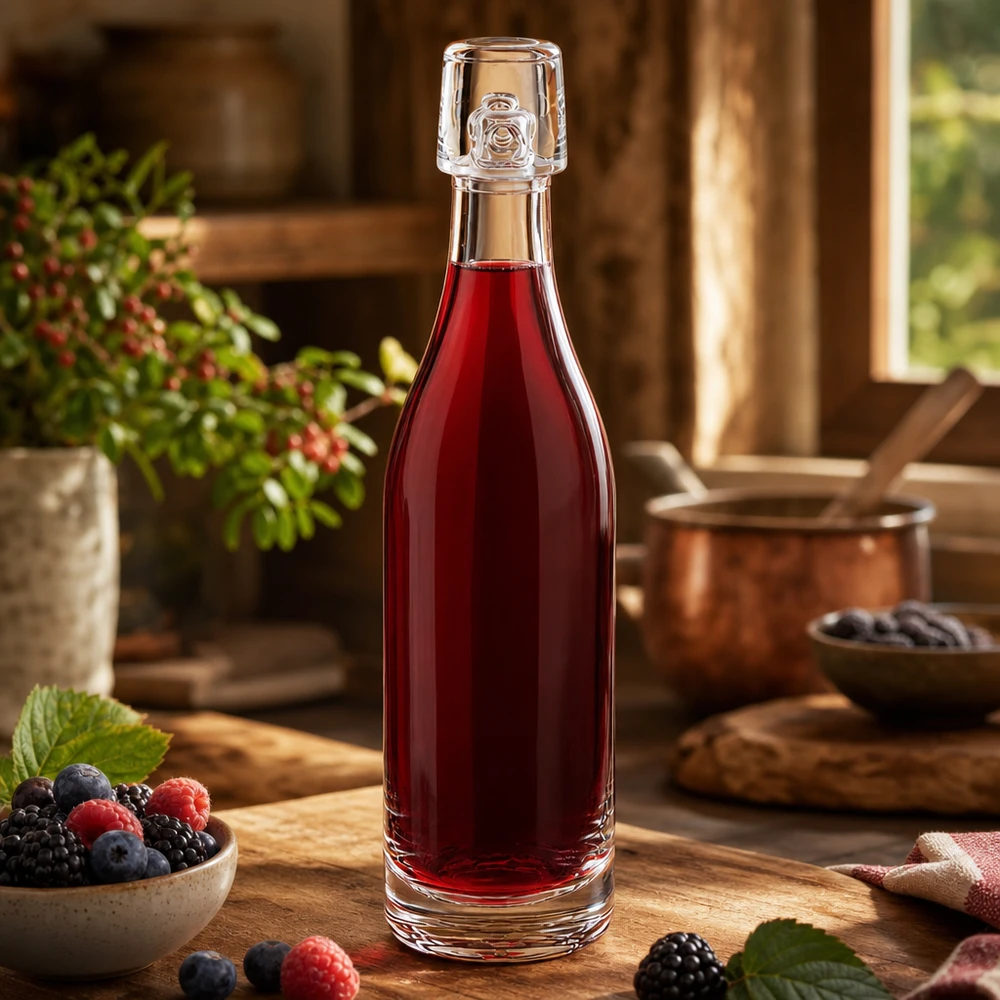 50 ml glazen fles UNiTWIST gevuld met rode bessensap naast verse bessen op een rustieke houten keukentafel