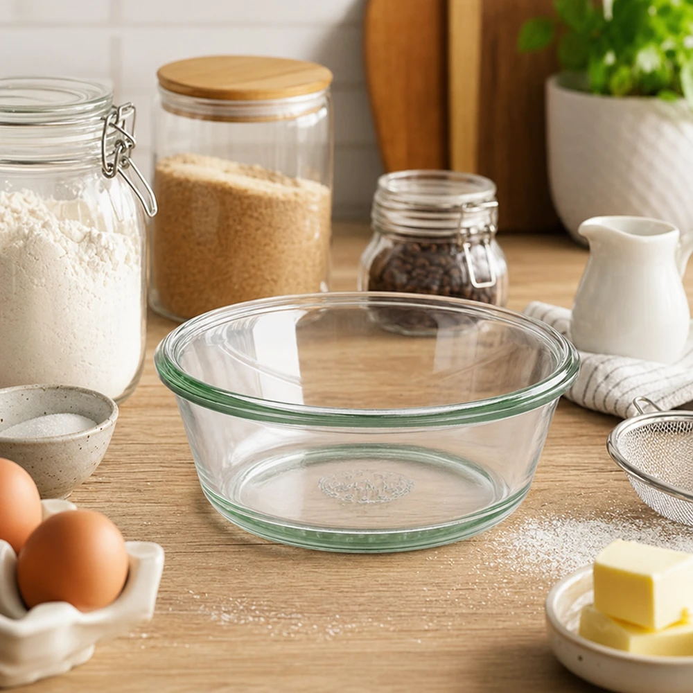 WECK RR120 gourmetglas van 300 ml WECK RR120 gourmetpot 300ml als ovenschaal in keuken met bloem eieren boter toont gebruik in bakken