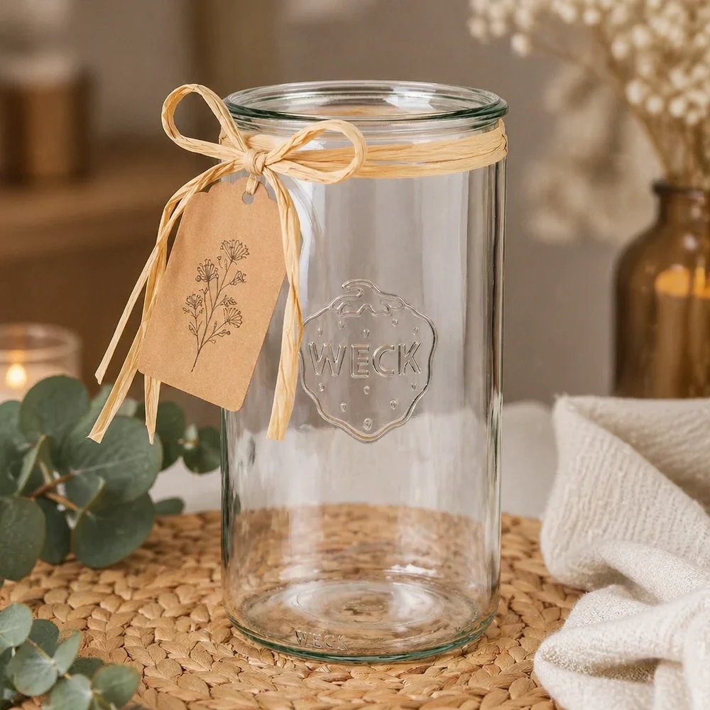 WECK RR100 cilinderpot 1590ml leeg met kado label en strik gedecoreerd als kado op een kurken onderzetter