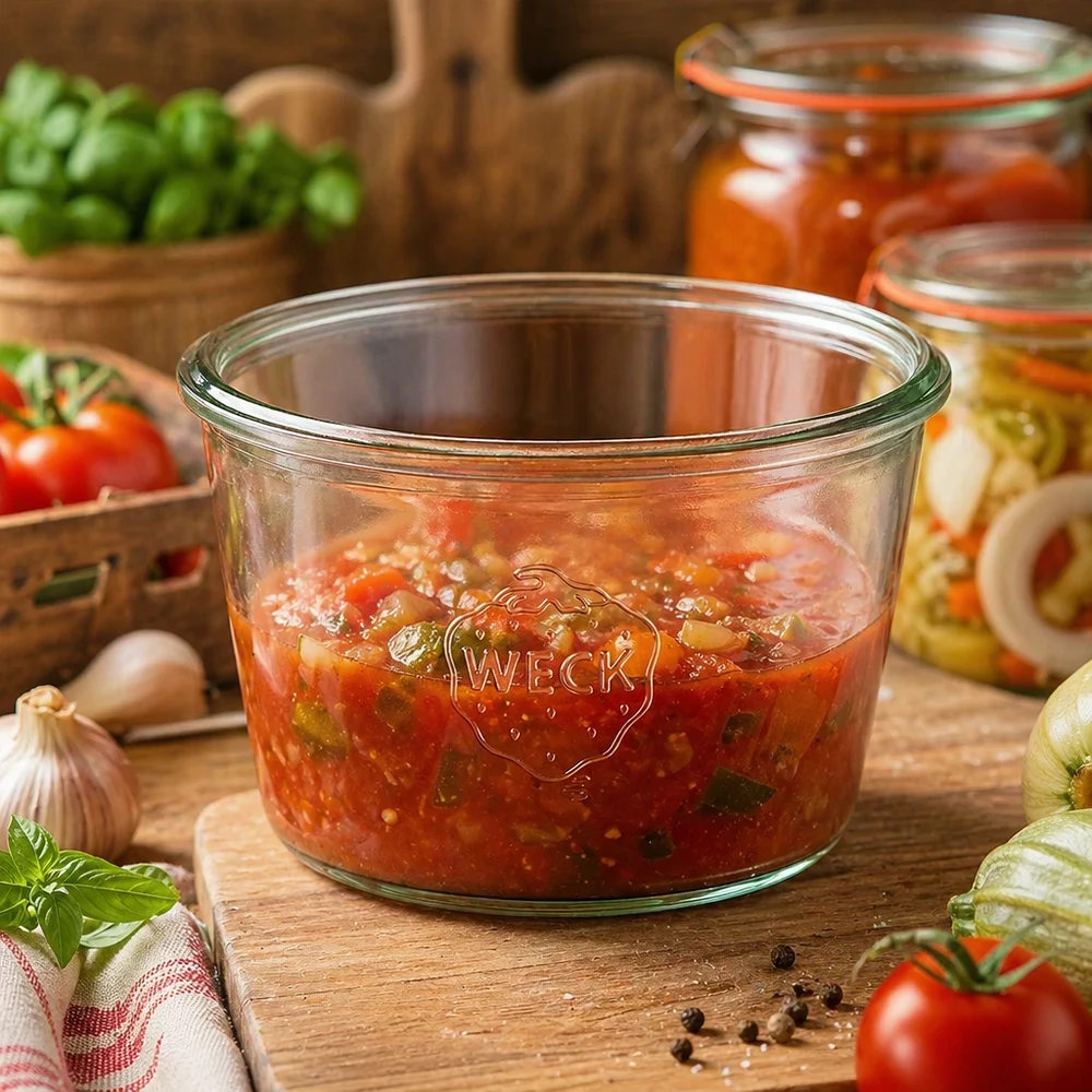 WECK 370 ml RR100 pot gevuld met tomatensaus op een houten tafel naast verse tomaten en kruiden