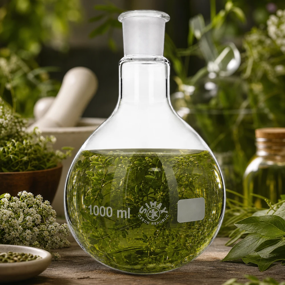 Platbodem kolf 1000ml wijde hals borosilicaat met slijpstuk 29/32 Rondbodemkolf 1000ml van laboratoriumglas met groene vloeistof voor fytochemische analyses