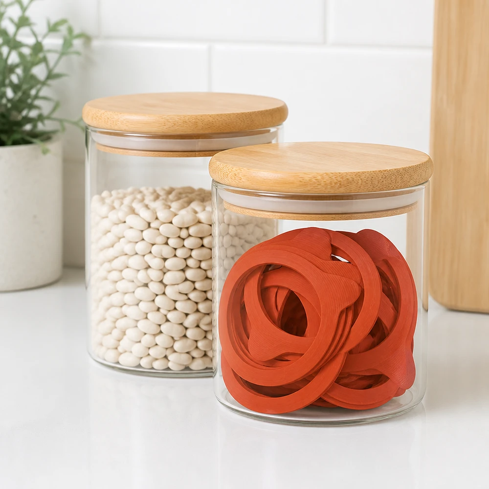 Weck-ring RR100 Rote Einkochringe RR100 aus Naturgummi in Vorratsglas mit Bambusdeckel neben weißen Bohnen in moderner Küche