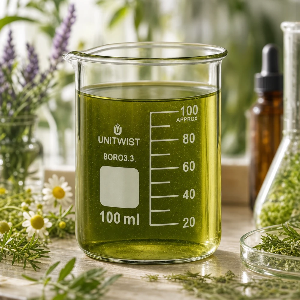 Hittebestendige maatbeker van 100 ml, borosilicaatglas, voor de extractie van etherische oliën