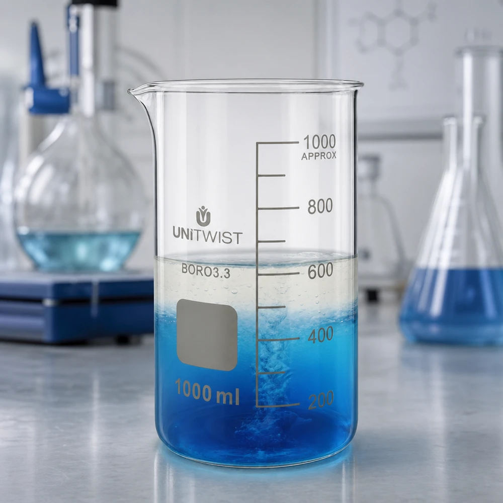 Beker 1000ml borosilicaat, hoge vorm UNITWIST Laboratoriumglaswerk UNITWIST 1000 ml bekerglas, hoge vorm, BORO3.3, met wit opschriftveld