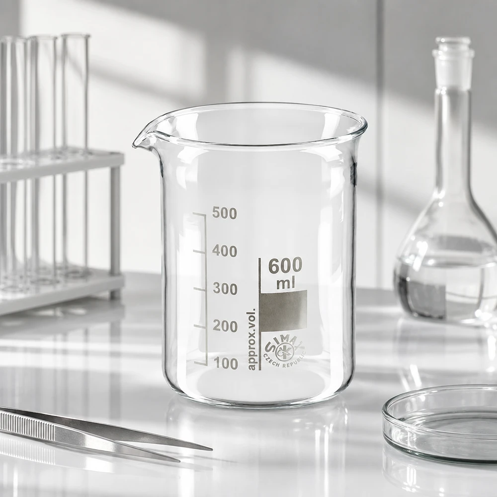Bekerglas 600 ml van hittebestendig borosilicaatglas (laag model) Helder bekerglas 600 ml met lage vorm gemaakt van hoogwaardig borosilicaatglas met nauwkeurige maatverdeling