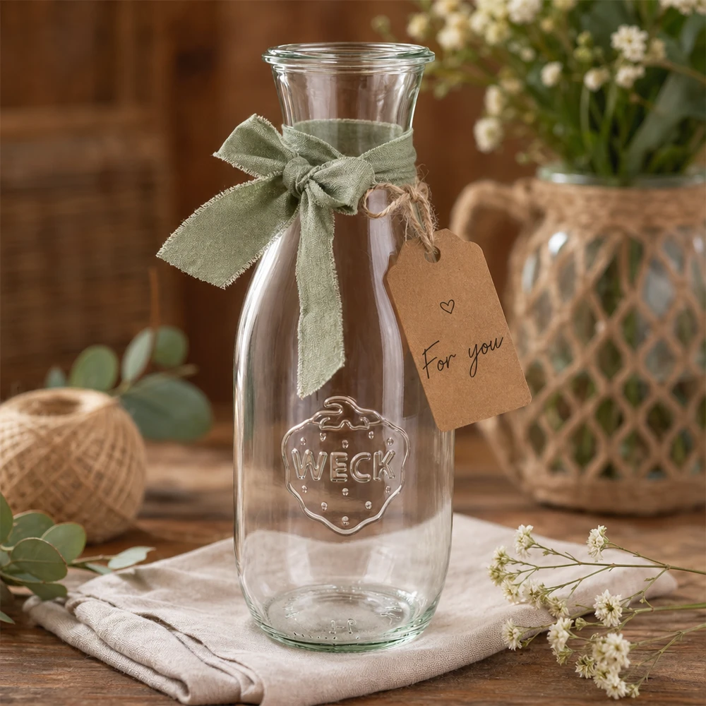 WECK RR60 sapfles van 1062 ml WECK sapfles 1062ml RR60 decoratief met groen lint en cadeaulabel Voor jou tussen de bloemen
