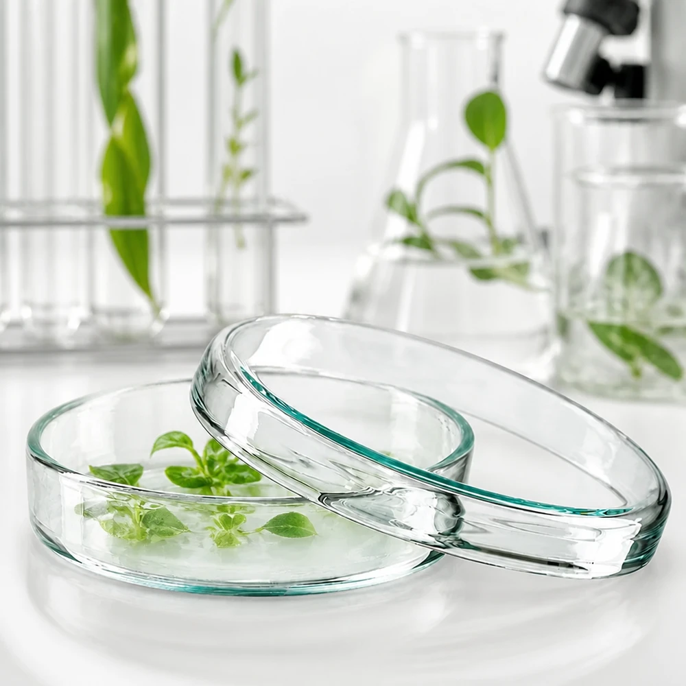 Petrischaal 70x15 mm van glas Petrischaal van 70 x 15 mm, van glas, voor plantencelcultuur, met een microscoop en een Erlenmeyer-kolf op de achtergrond