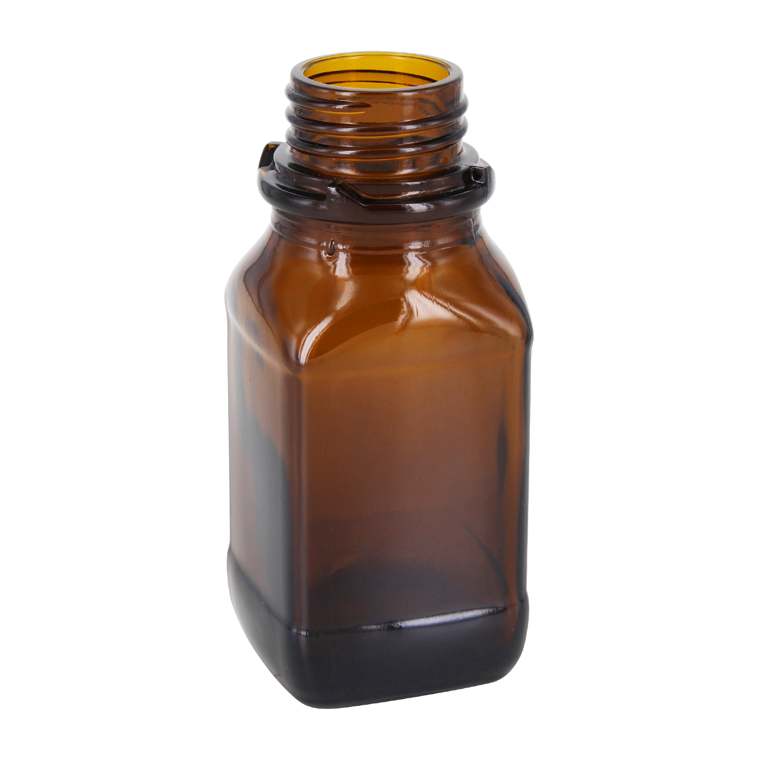 Bruin 100ml glazen chemieflesje met schroefdraad zonder dop op witte achtergrond