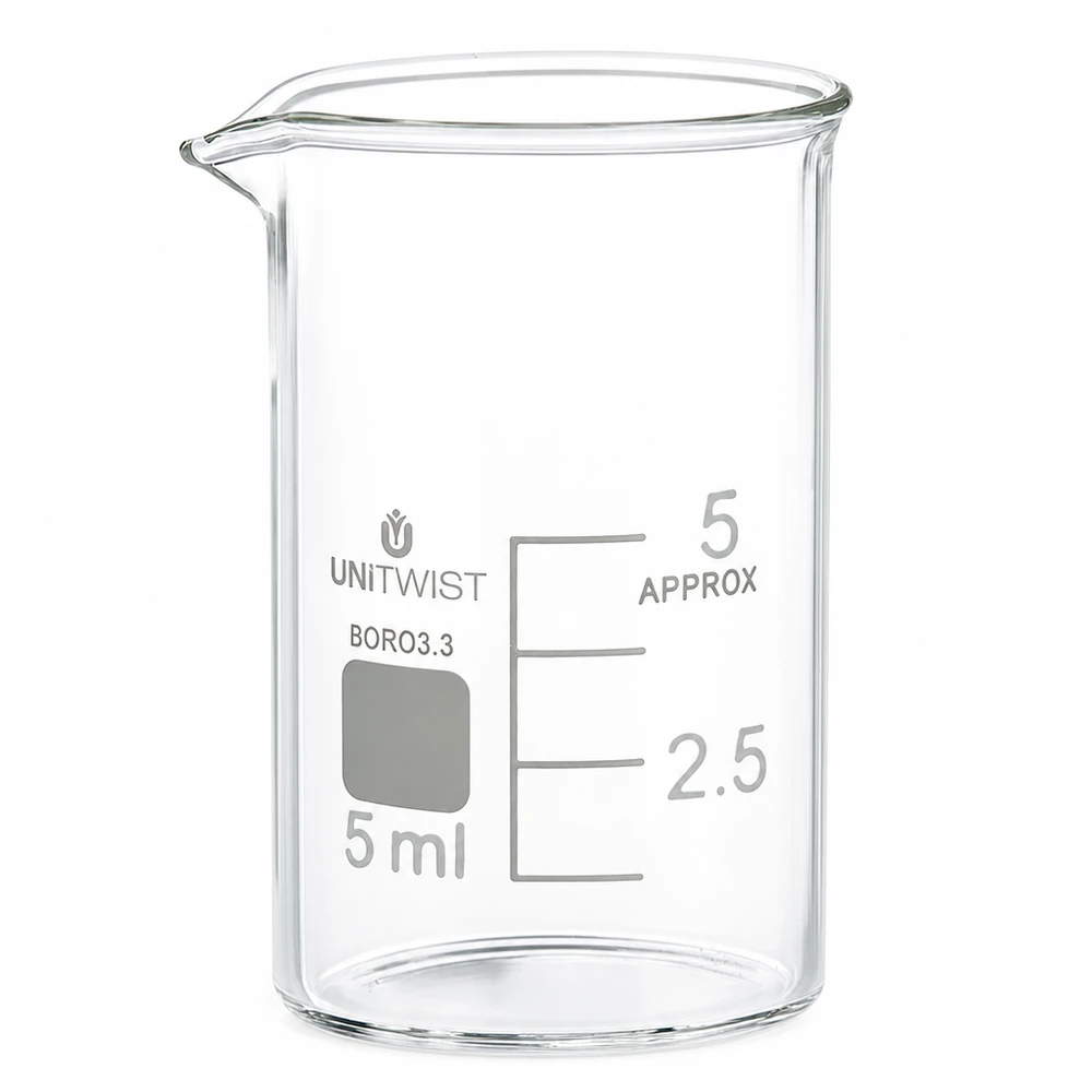 Beker 5ml borosilicaat, lage vorm UNiTWIST Borosilicaat bekerglas 5 ml, laag model, voor laboratorium- en scheikundeonderwijs, van UNiTWIST