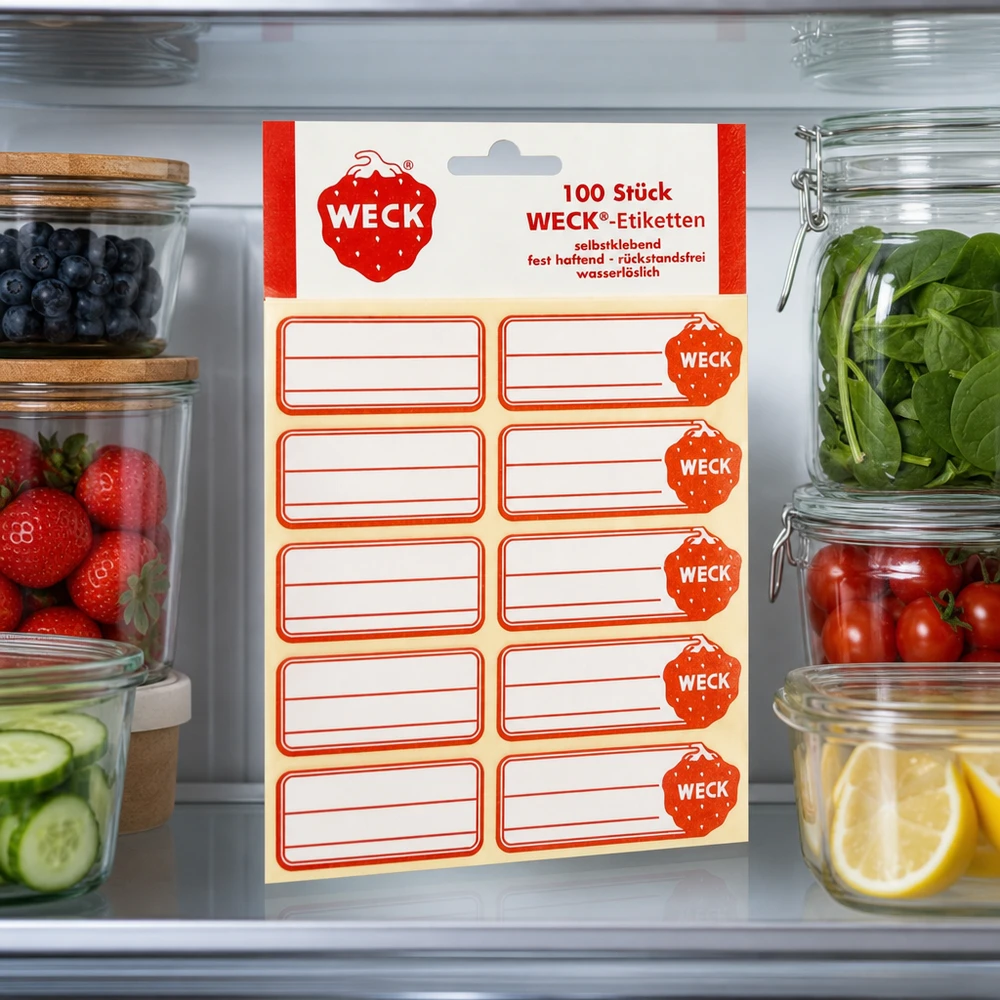 WECK-etiketten 19 x 13 mm (verpakking(en) van 100 stuks) WECK Etiketten im Kühlschrank zwischen Vorratsgläsern mit Obst Gemüse zeigen praktische Küchen-Organisation