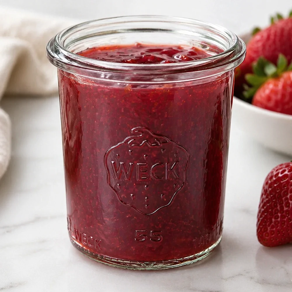 WECK bekers 140ml RR60 gevuld met rode aardbeienjam naast verse aardbeien op een wit vlak