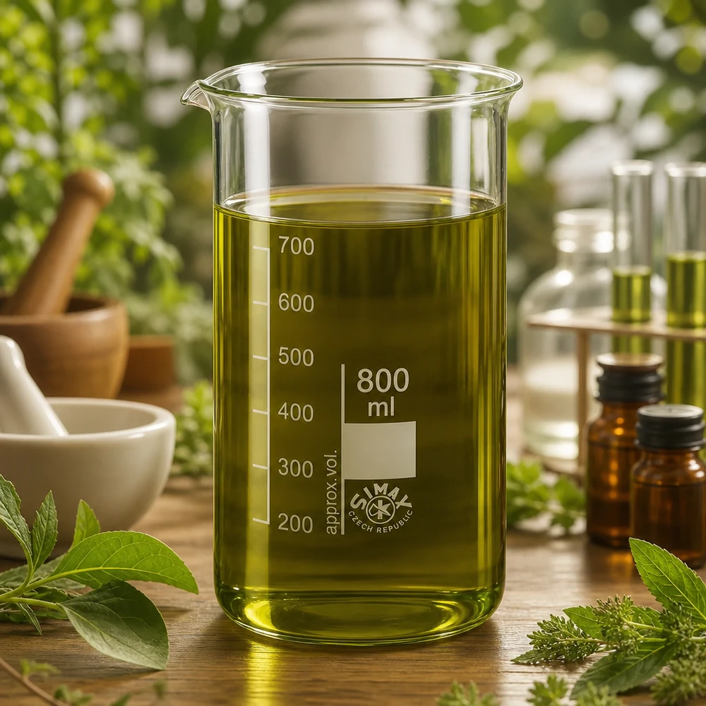 Bekerglas 800 ml van hittebestendig borosilicaatglas (hoog model) Becherglas van 800 ml, hoog model, van helder borosilicaatglas, gevuld met geelgroen plantenextract
