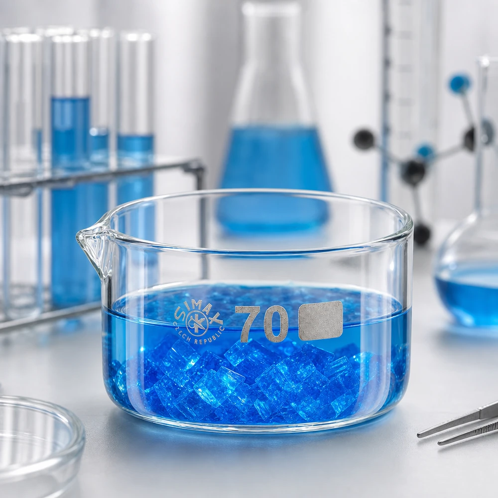 Doorzichtige laboratoriumschaal met een inhoud van 100 ml en blauwe kristallen in een laboratoriumomgeving