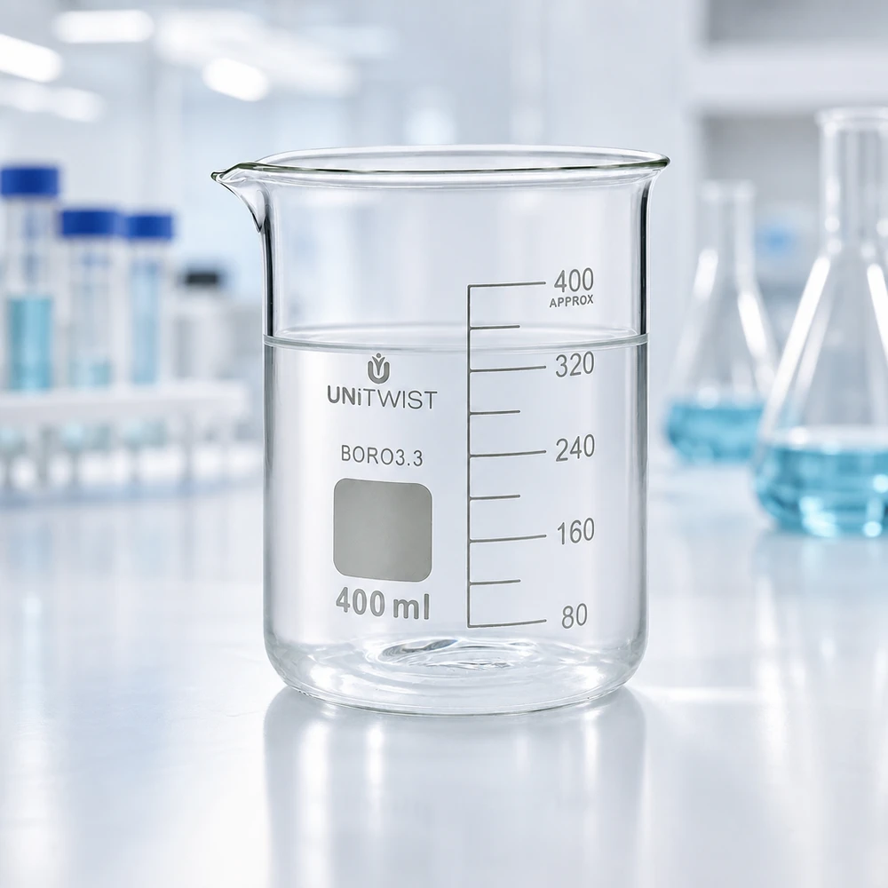 Borosilicaat-maatbeker van 400 ml, laag model, met schaalverdeling van 80 tot 400 ml, UNiTWIST