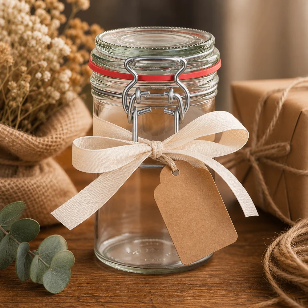 272 ml voorraadpot type G met beugelsluiting UN.. Voorraadpot van 272 ml met draaidop en rode verzegeling, versierd met beige strik en hanger op houten tafel