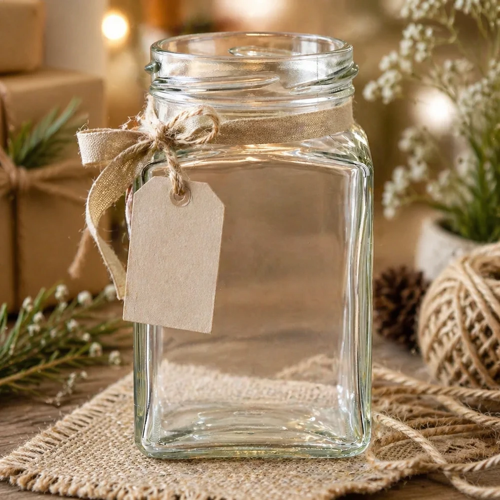 UNiTWIST Tetra260 4-hoekige pot 260ml TO58 inmaakpot met lint en rustieke decoratiehanger
