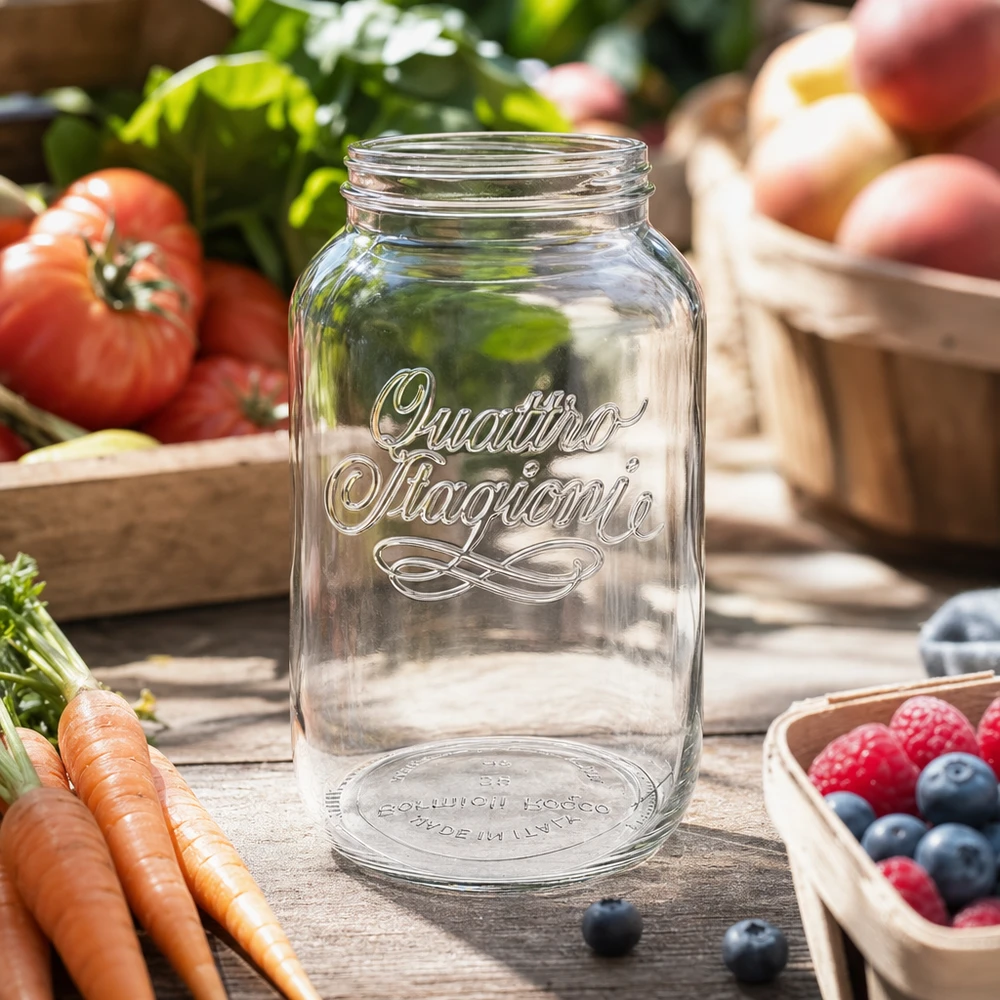 3800ml huishoudglas "Quattro Stagioni" 3800ml Quattro Stagioni huishoudpot inmaakpot transparant met opschrift omringd door vers fruit en groenten