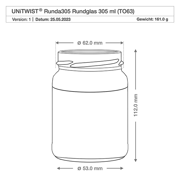 UNiTWIST Runda305 Rond glas 305ml TO63 met technische tekening Afmetingen Diameter 62mm Hoogte 112mm Gewicht 161g