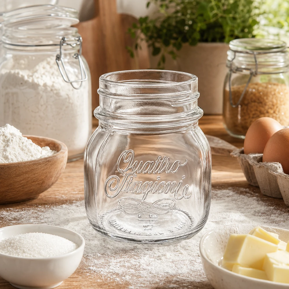 150ml huishoudglas "Quattro Stagioni" 150ml Quattro Stagioni huishoudpot inmaakpot op houten tafel met bakingrediënten bloem eieren boter keukenaccessoires