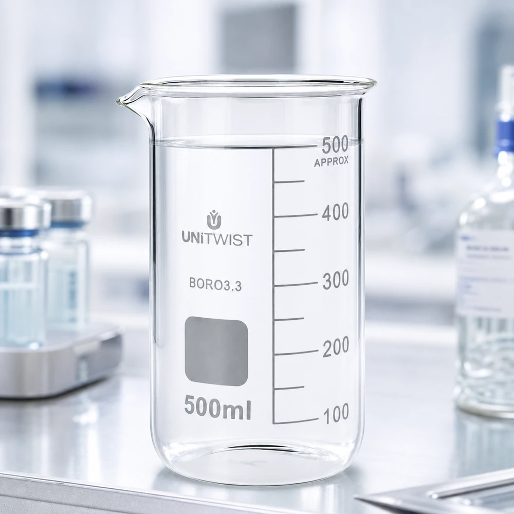 Beker 500ml borosilicaat, hoge vorm UNITWIST UNITWIST bekerglas 500 ml, hoge cilindrische vorm met schaalverdeling voor chemische laboratoriumtoepassingen