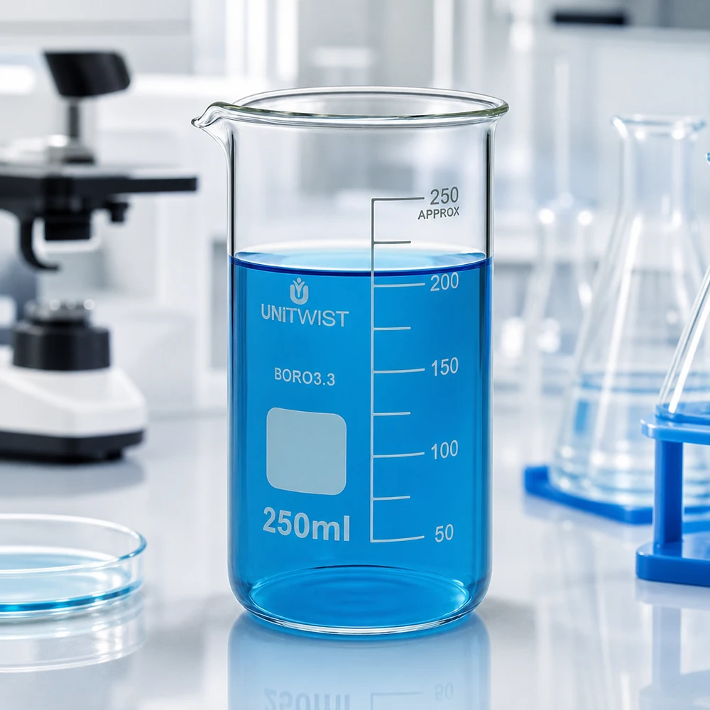 Beker 250ml borosilicaat, hoge vorm UNITWIST Doorzichtig laboratoriumbekerglas van 250 ml, hoog model met witte maatverdeling tot 250 ml
