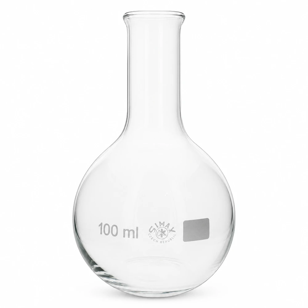 Platbodem kolf 100ml nauwe hals borosilicaat met afgeronde rand Staande kolf met een inhoud van 100 ml en een smalle hals voor nauwkeurige metingen