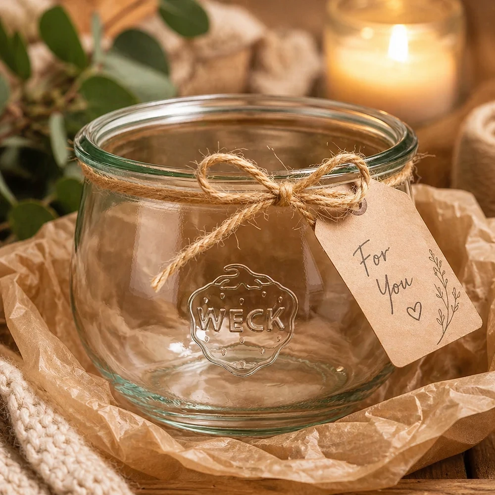 WECK tulpenpot 580ml RR100 met cadeaulabel en jute koord op houten tafel met kaars en decoratie