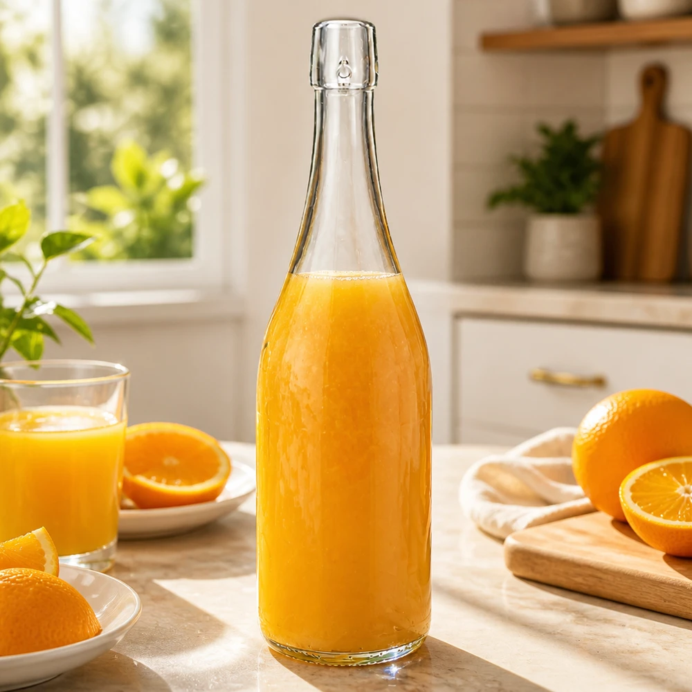 750ml UNiTWIST glazen fles gevuld met vers sinaasappelsap lichte keuken ontbijt vitamine C gezonde voeding