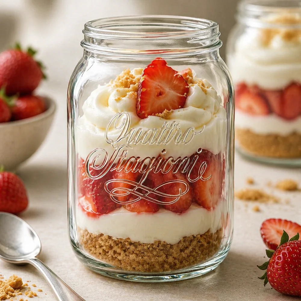 2000ml huishoudglas "Quattro Stagioni" Quattro Stagioni Glas 2000ml mit Erdbeer-Dessert befüllt - vielseitiges Haushaltsglas für Einmachen und Dekoration