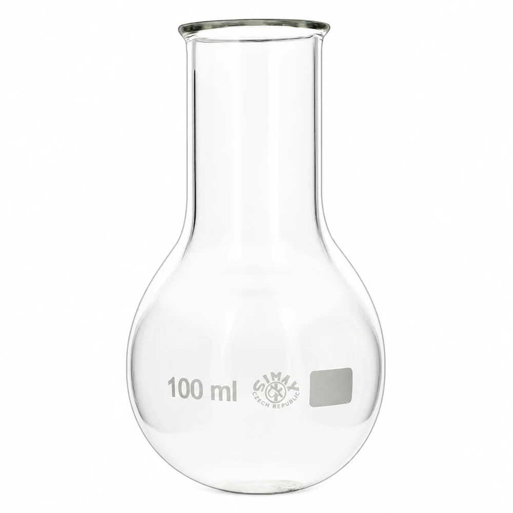 Platbodem kolf 100ml wijde hals borosilicaat met afgeronde rand Rondbodemkolf met brede hals 100 ml volume, ideaal voor destillatie en synthese