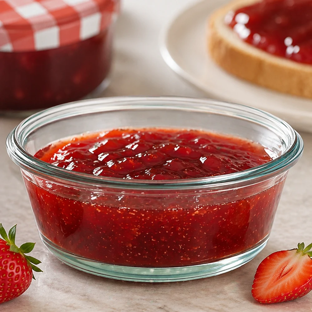 WECK RR120 Gourmetpot 300ml gevuld met rode jam toont gebruik als jampot met aardbeien