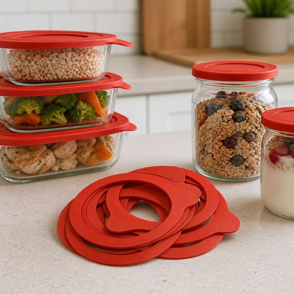 Inlegring van natuurrubber RR80 Inmaakring RR80 natuurrubber rood meerdere ringen op keukenblad met voorraadpotten Muesli Groenten Maaltijdbereiding