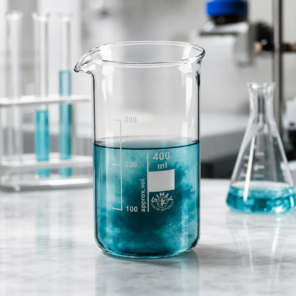Bekerglas 400 ml van hittebestendig borosilicaatglas (hoog model) Bekerglas van 400 ml, slanke cilindrische vorm, van borosilicaatglas, met schaalverdeling tot 300 ml