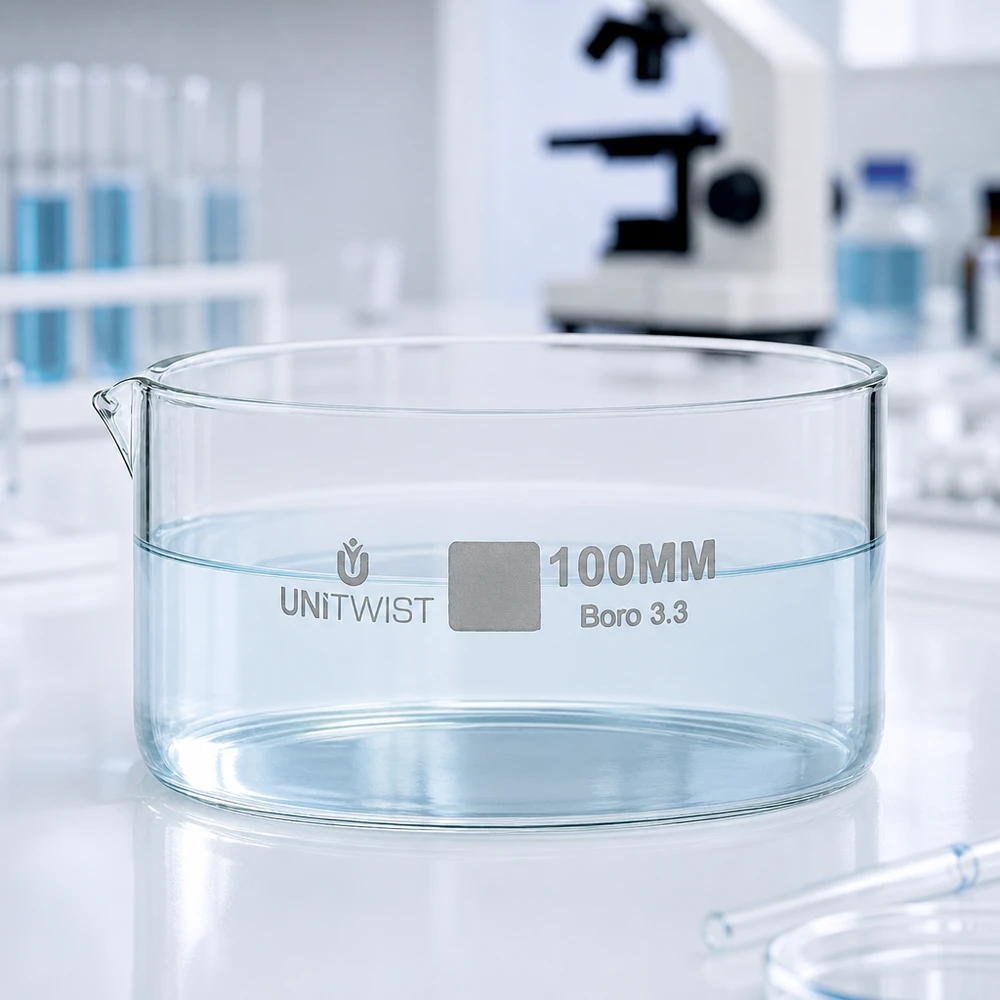 Kristalliseer schaal ø100mm borosilicaatglas UNiTWIST UNiTWIST glazen schaal 100 mm Boro 3.3, brede opening, grote diameter, laboratoriumglaswerk, transparant
