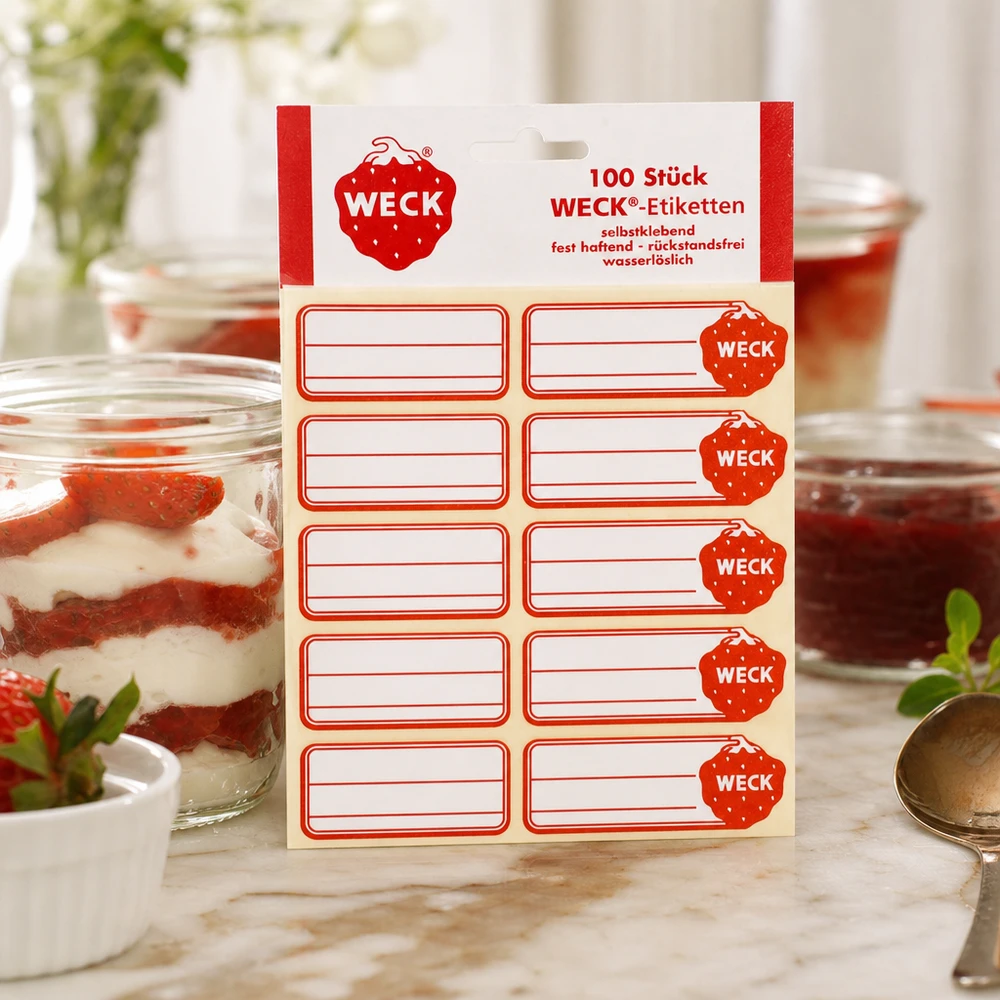 WECK-etiketten 19 x 13 mm (verpakking(en) van 100 stuks) WECK Etiketten Packung neben dekorativem Dessertglas mit Erdbeercreme zeigt vielseitige Anwendung in moderner Küche