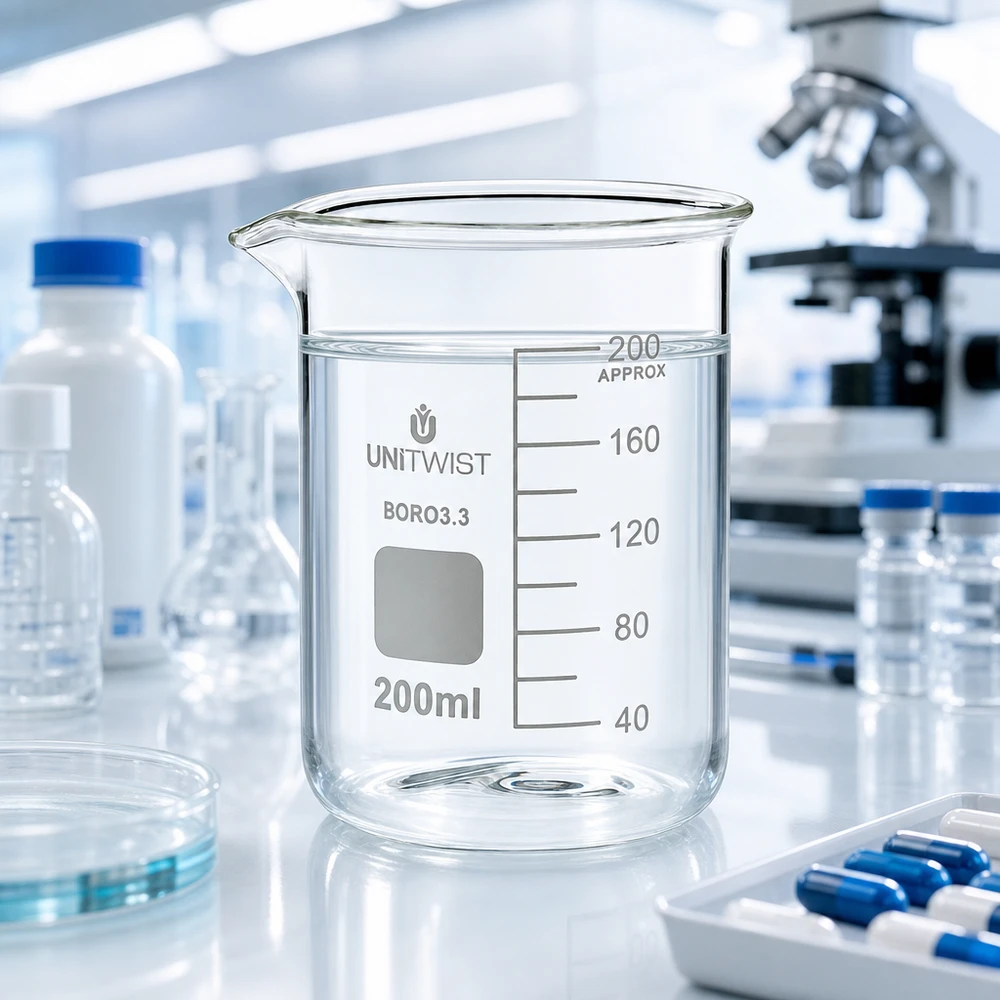 Beker met handgreep, 200 ml, laag model met schenktuit voor nauwkeurig doseren in het dagelijkse laboratoriumwerk