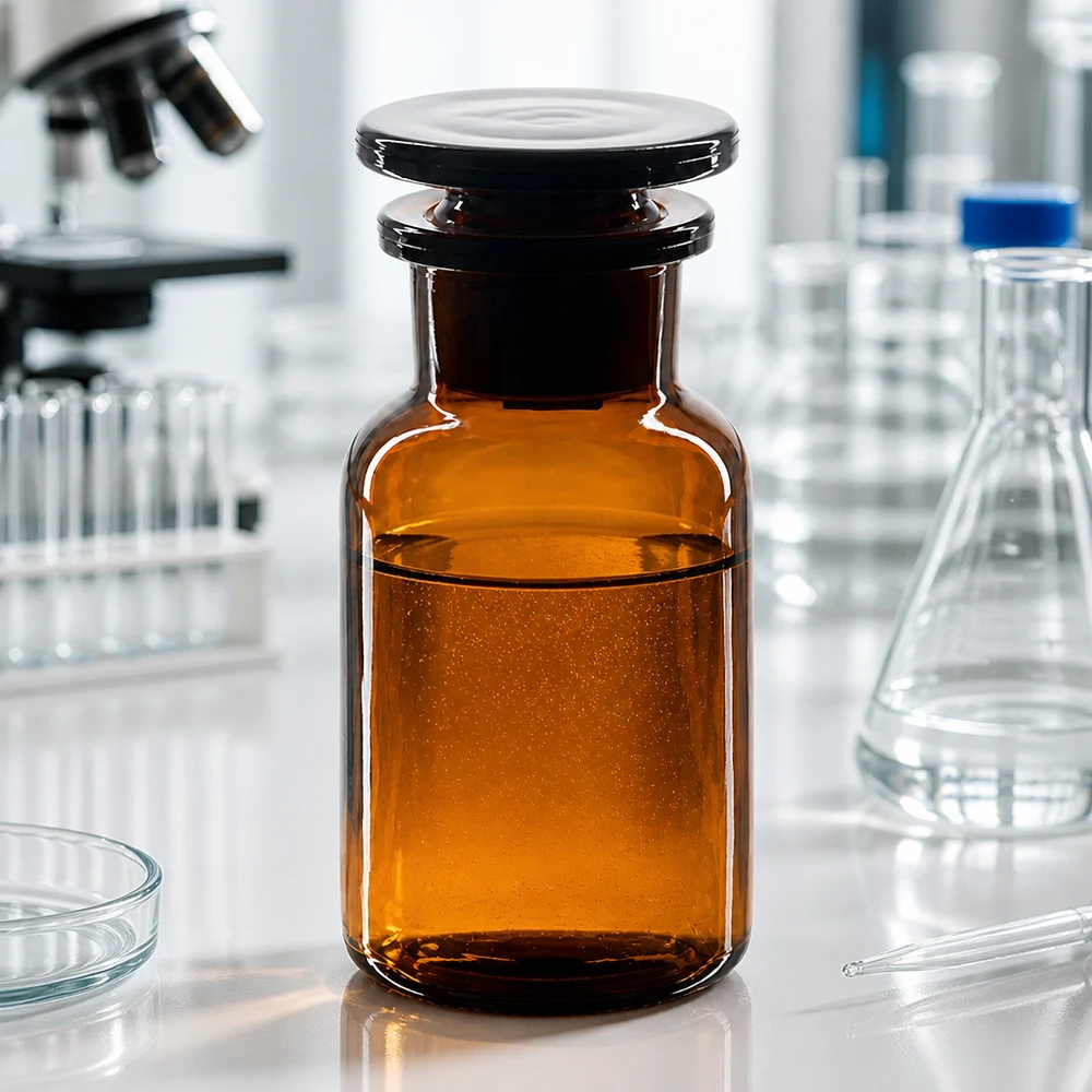 Apothekersfles 100 ml wijde hals bruin glas incl. glazen stop Farmaceutisch flesje van 100 ml, bruin glas met glazen stop, brede hals, voor lichtgevoelige stoffen