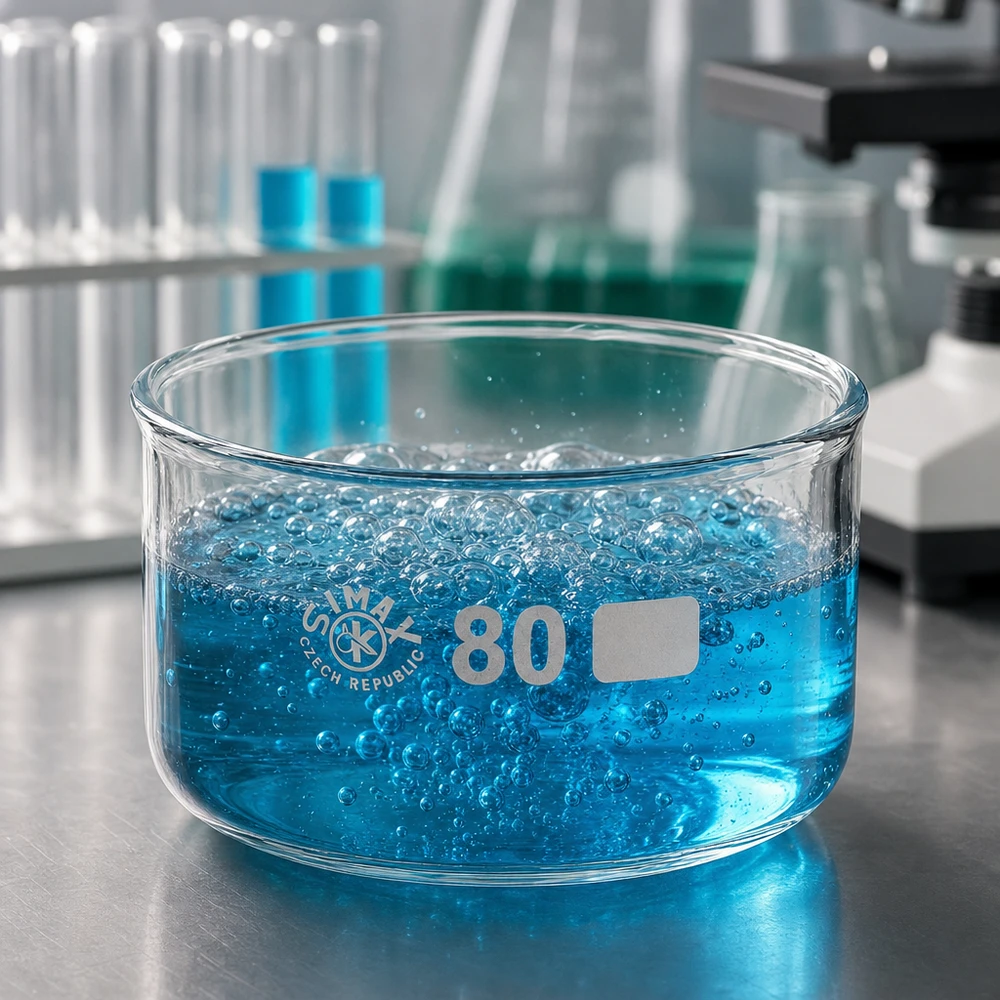 Chemische reactie in een doorzichtige glazen schaal van 150 ml, diameter 80 mm, laboratoriumaccessoire van SIMAX