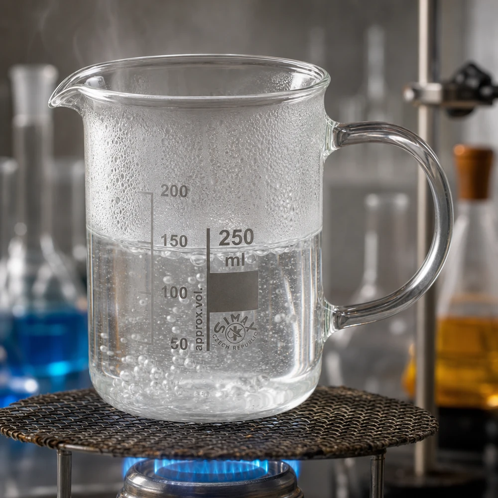 Bekerglas 250 ml van hittebestendig borosilicaatglas met handvat Laboratoriumopstelling met een bekerglas van 250 ml op een draadrooster boven een gasvlam met dampend water