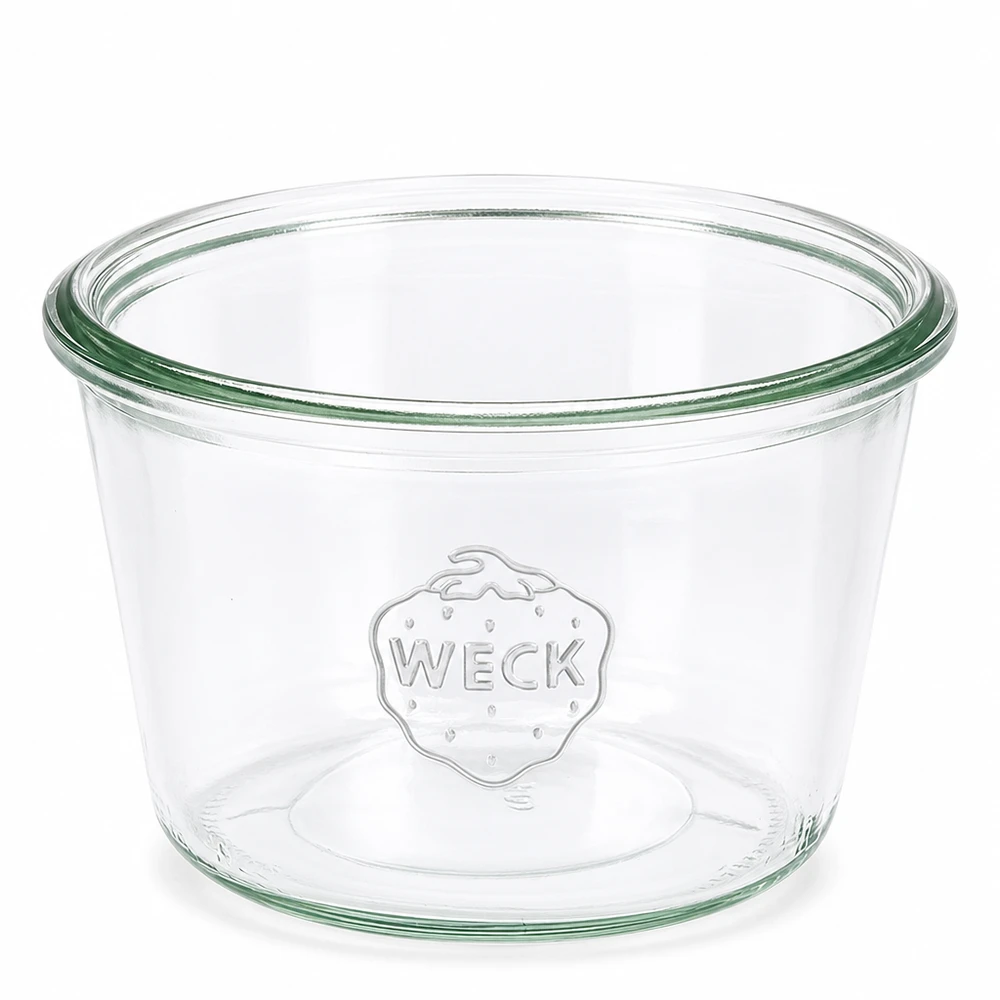 WECK beker 370ml RR100 transparant met groene rand en WECK logo in reliëf voor inblikken en conserveren