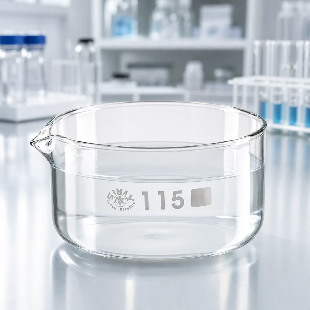 Kristalliseerschaal 500ml met schenktuit Vlakke glazen inkookschaal van 500 ml met uitgietmond voor chemische laboratoriumtoepassingen, ø 115 mm, SIMAX