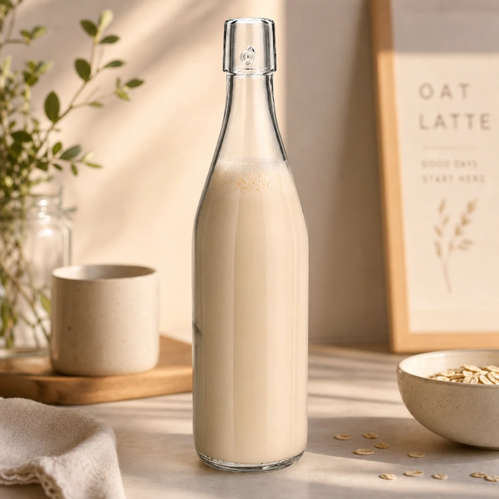 500ml UNiTWIST glazen fles gevuld met havermelk in een natuurlijke keuken met havervlokken als een gezonde levensstijl scene