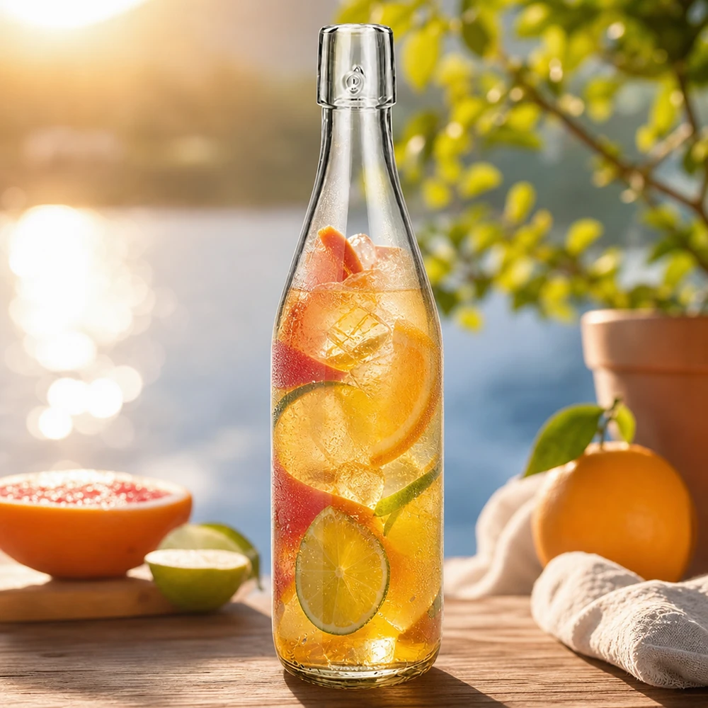 500 ml UNiTWIST glazen fles gevuld met ijsthee en fruit voor zomerse verfrissing buiten met citrusvruchten