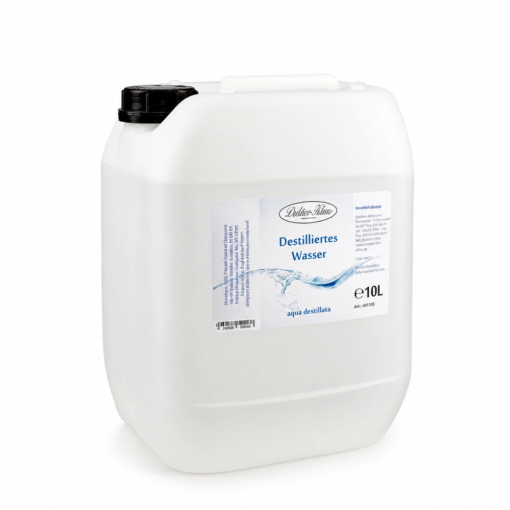 10 liter gedestilleerd water - Aqua dest in blanke premium jerrycan van Doktor Klaus Doktor-Klaus destilliertes Wasser 10L Kanister mit blauem Etikett und Aqua destillata Kennzeichnung