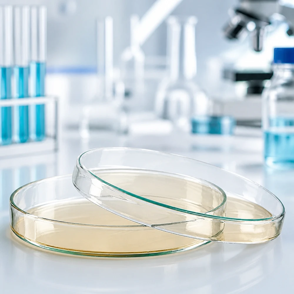 Glazen petrischalen van 120 x 20 mm met voedingsbodem voor microbiologie, naast een blauw reageerbuisje