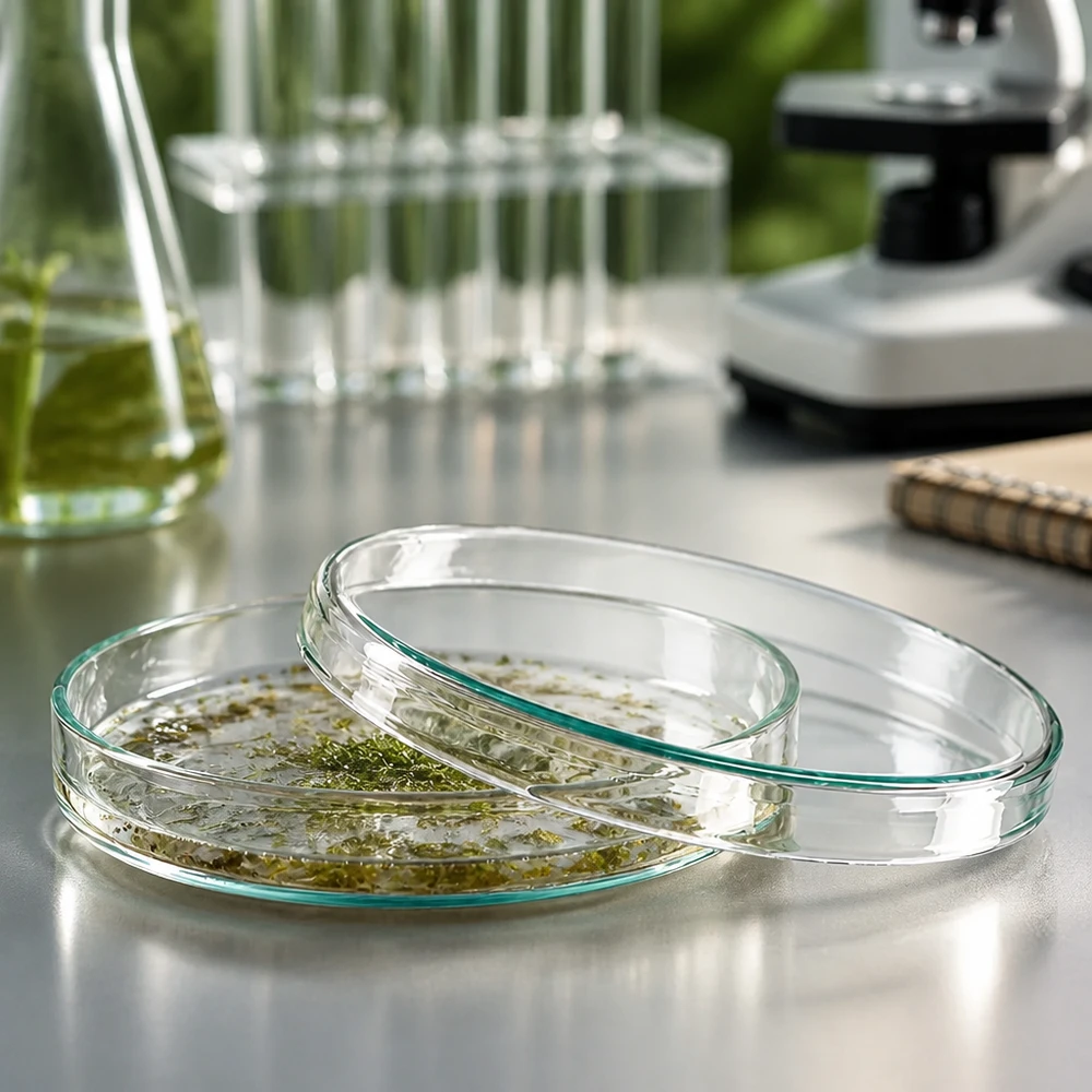 Glazen petrischaal 100 x 15 mm, transparant, met groen plantmateriaal voor botanisch onderzoek